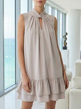 NEW! Pinch Sleeveless mini dress tiered ruffle hem in Soft taupe L